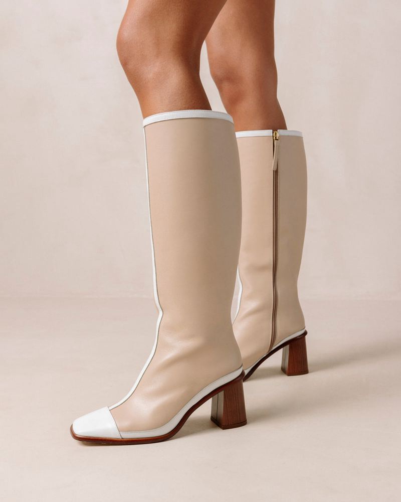 Beige/White Alohas East Retro Leather Women's Knee-High Boots | LVEPK9357