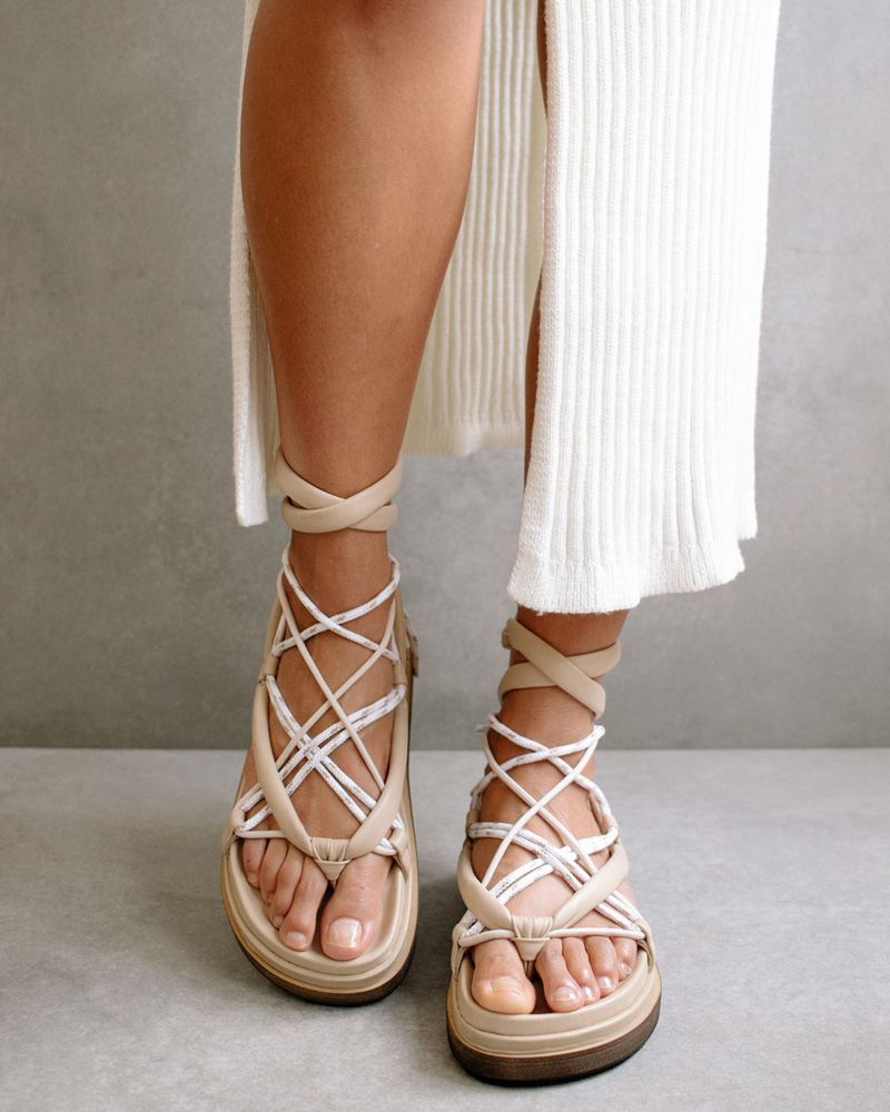 Beige/White Alohas Jungle Leather Women's Sandals | YBGKP1609