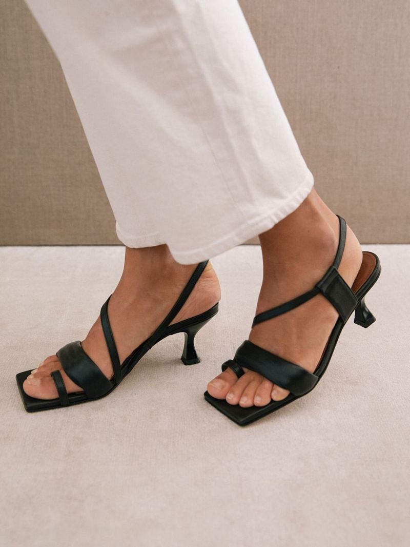 Black Alohas Asymmetric Straps Leather Women's Sandals | UQFTJ7014