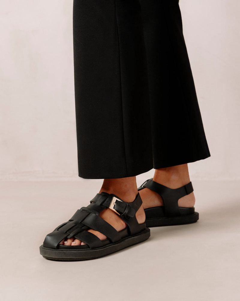 Black Alohas Backbone Leather Women's Sandals | QEDMF4708