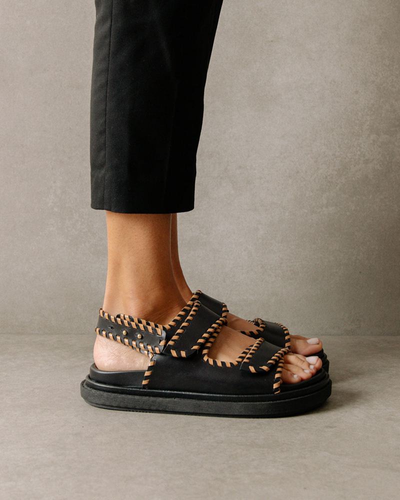 Black Alohas Barrel Leather Women's Sandals | JKYHP0623