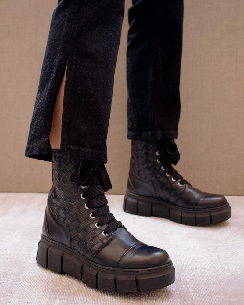 Black Alohas Can Can Leather Women's Combat Boots | MBQER3672