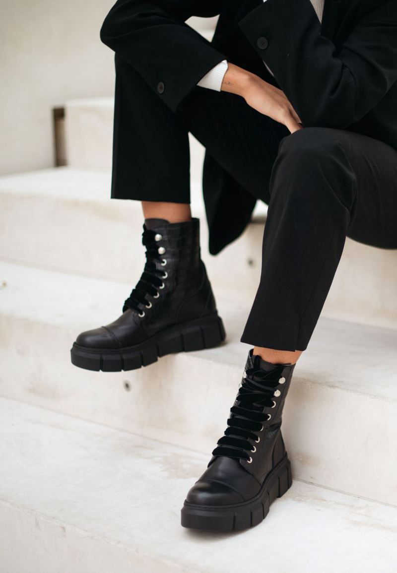 Black Alohas Can Can Leather Women's Combat Boots | MXZNC5709