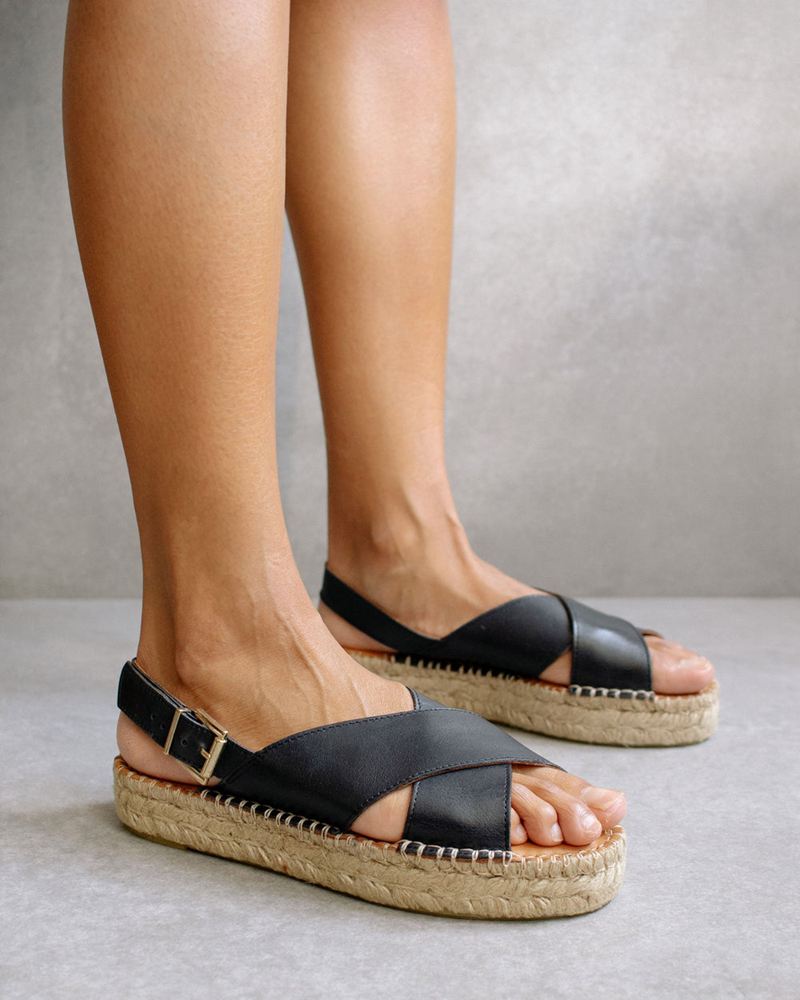 Black Alohas Crossed Leather Women's Espadrilles | XDUFE7934