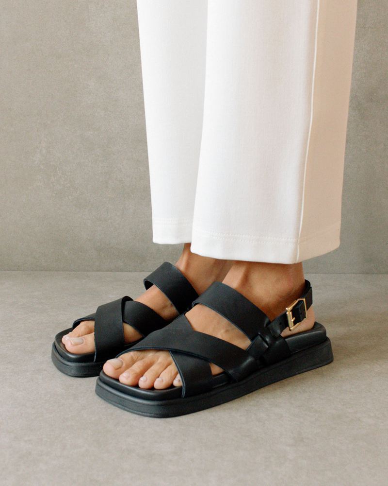 Black Alohas Flame Leather Women's Sandals | OVCWI9568