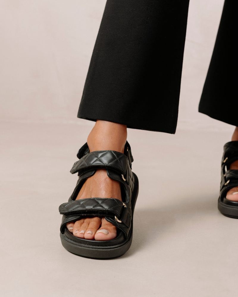 Black Alohas Hook-Loop Leather Women's Sandals | BHXAP2567