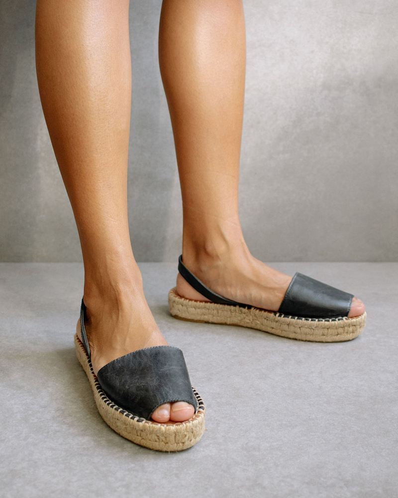 Black Alohas Ibizas Leather Women's Espadrilles | ICNBT0485