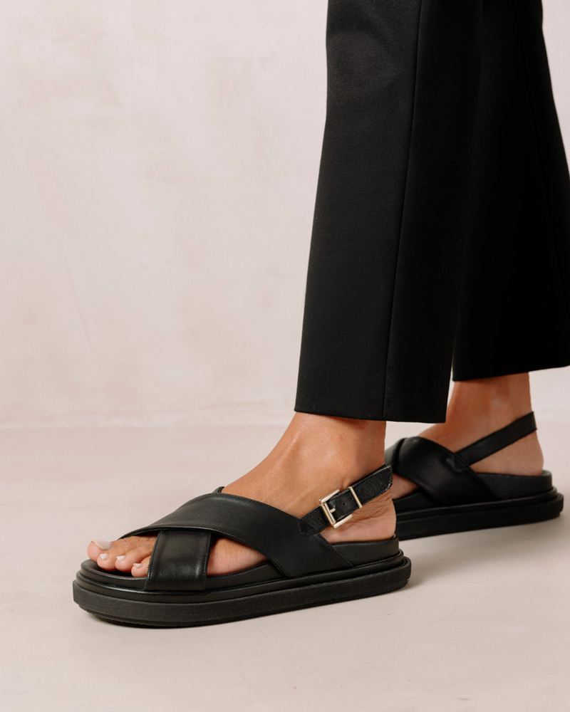 Black Alohas Marshmallow Leather Women's Sandals | IOLQY6043