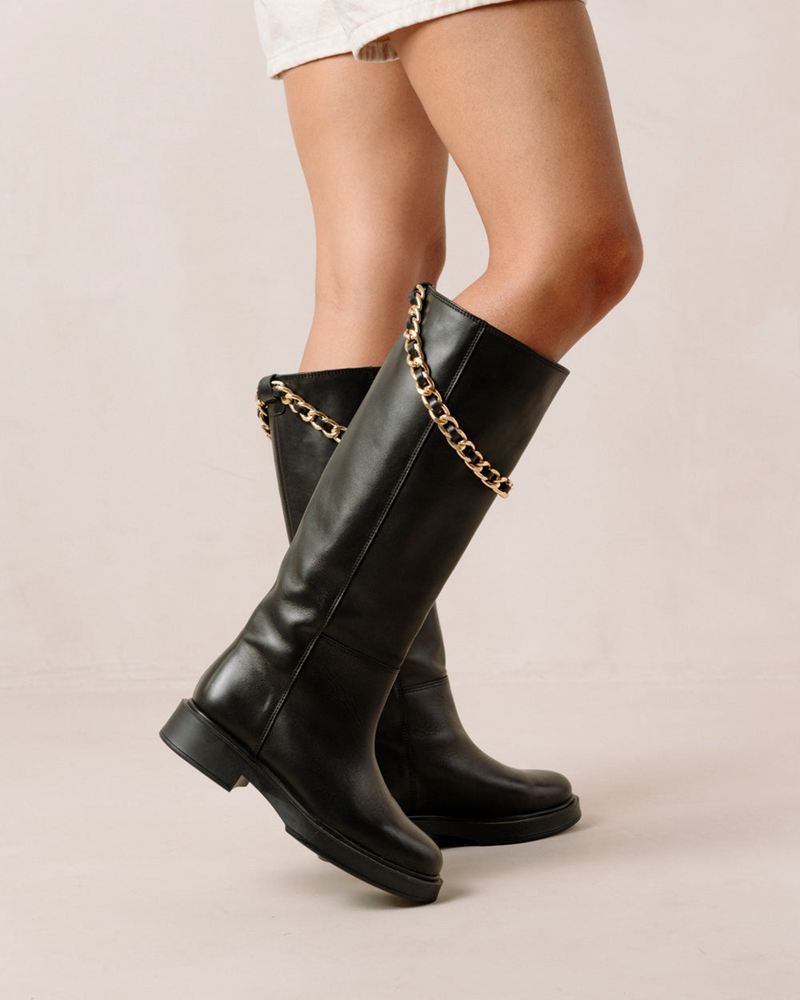 Black Alohas Pier Leather Women's Knee-High Boots | MVHLN8679