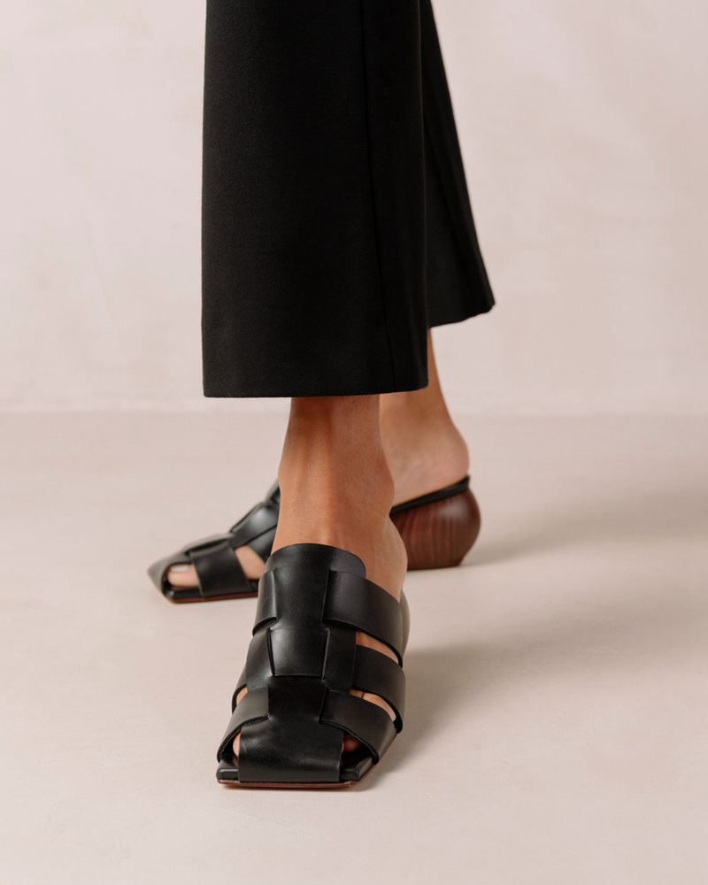 Black Alohas Ruby Leather Women's Mules | QODLS8139