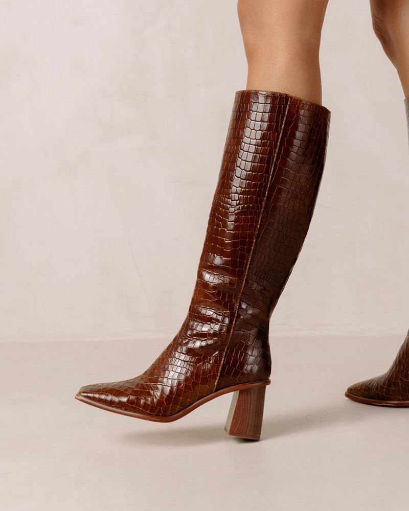 Brown Alohas East Croco Leather Women's Knee-High Boots | FESLA3126