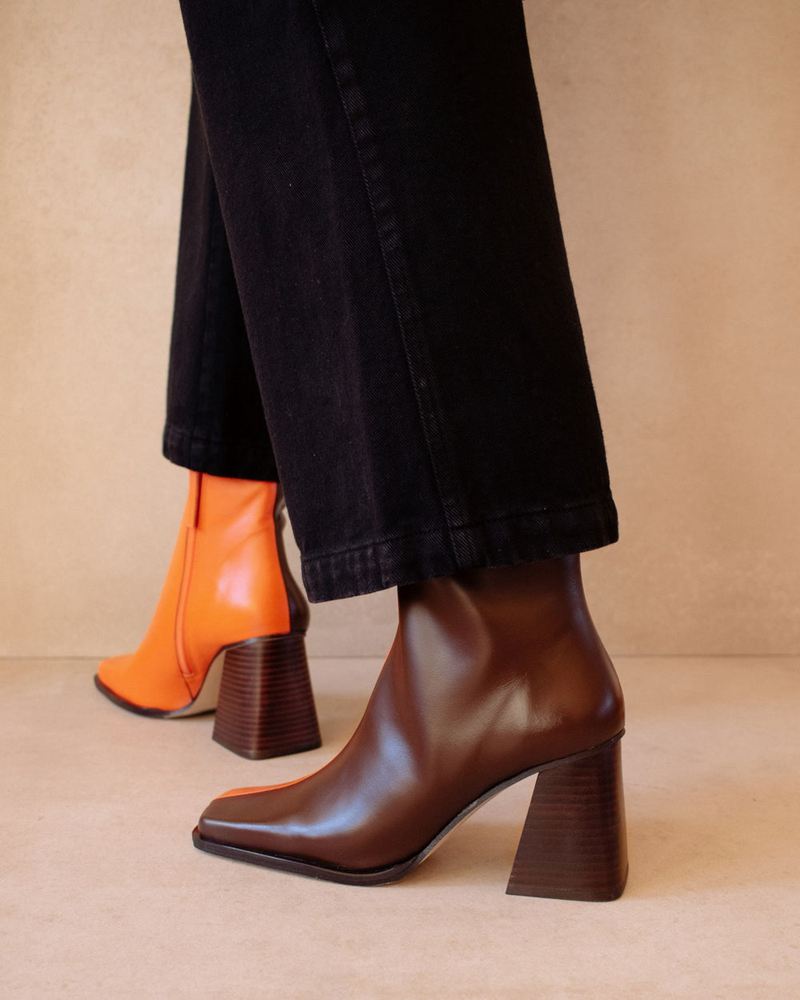 Brown/Orange Alohas South Bicolor Leather Women's Ankle Boots | SYTRD6475