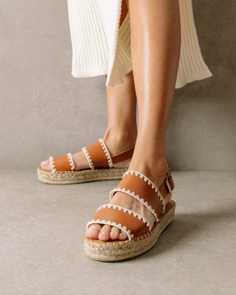 Brown/White Alohas Double Strap Leather Women's Espadrilles | GWXRV7259