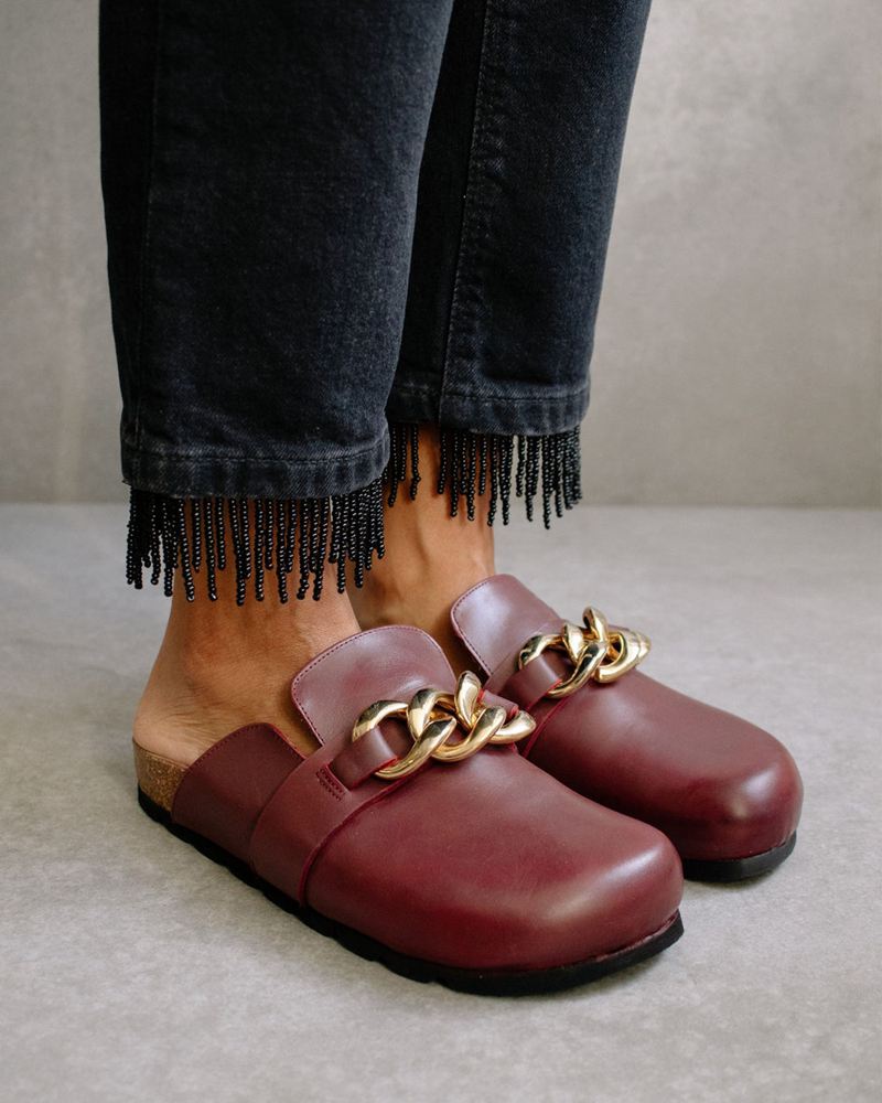 Burgundy Alohas Fireside Chain Leather Women's Mules | MOVFP7685