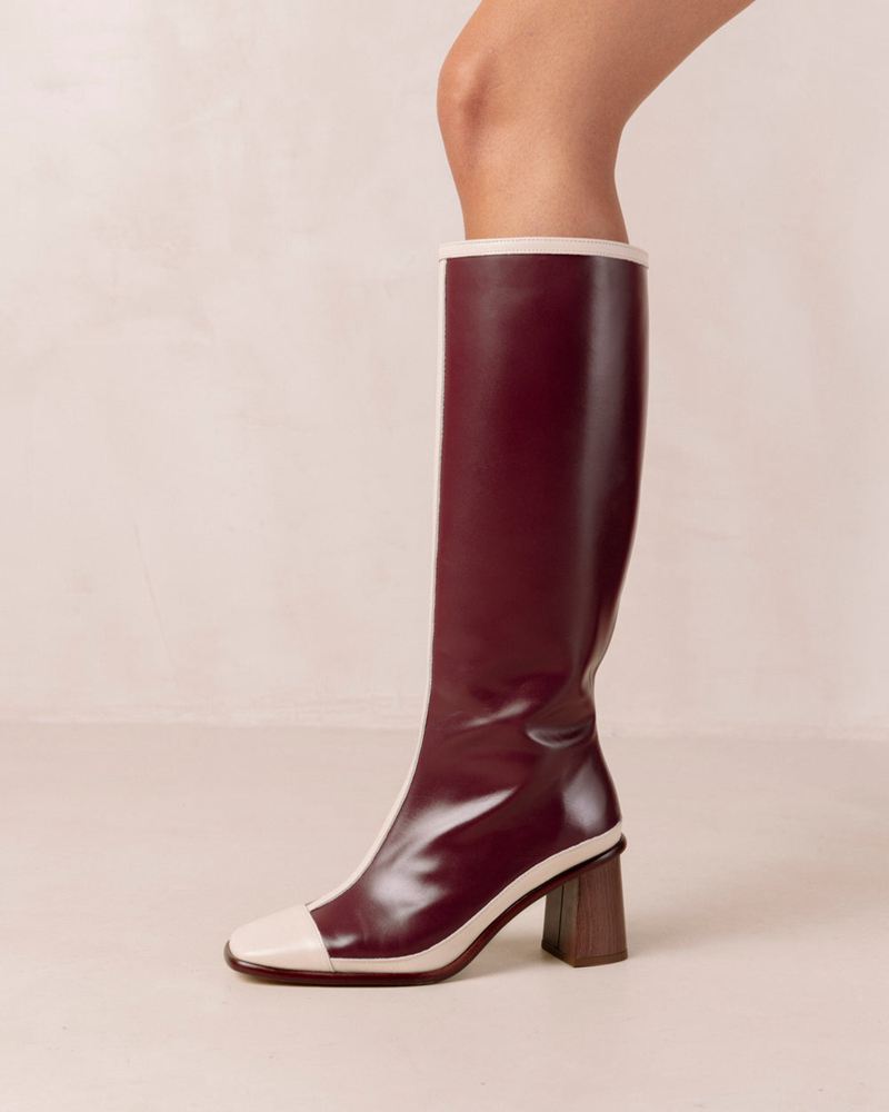 Burgundy/Cream Alohas East Retro Leather Women's Knee-High Boots | WONUF2089