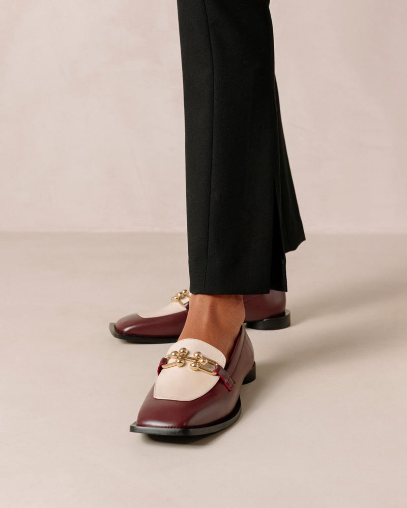 Burgundy/Cream Alohas Spotlight Leather Women's Mules | AVJTF2783