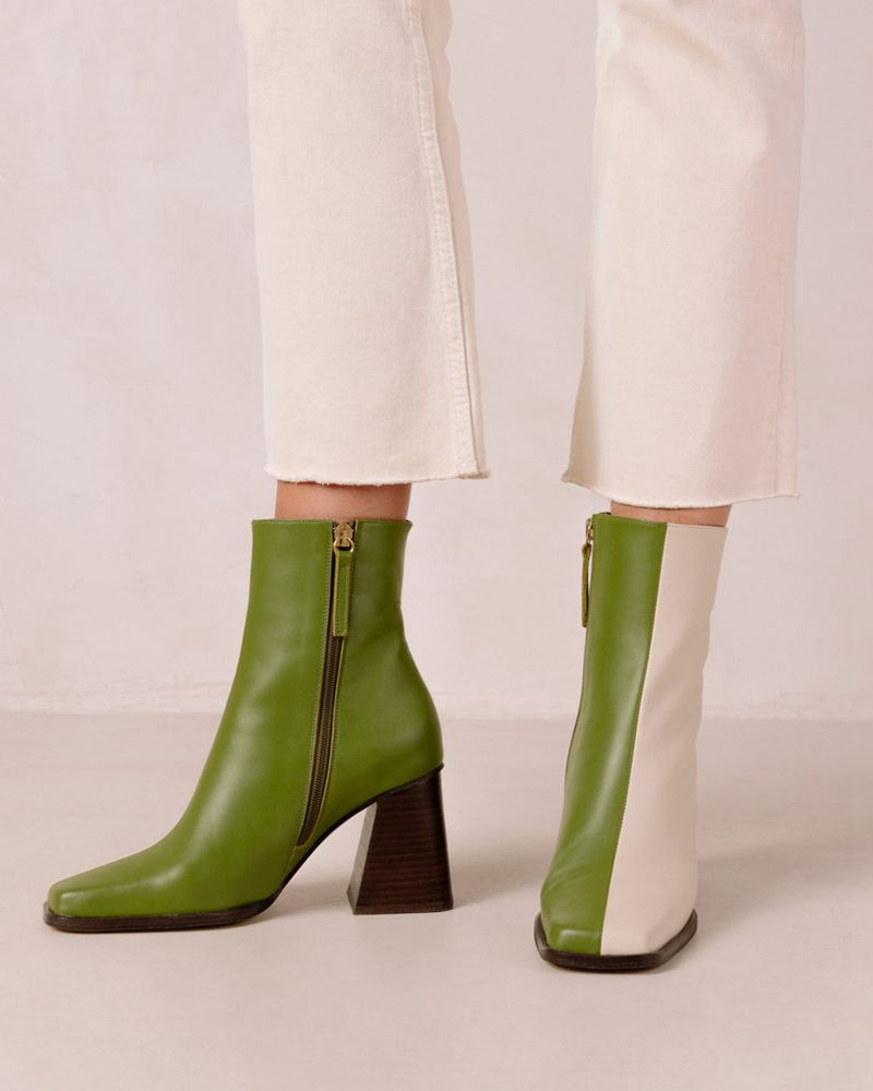 Cream/Green Alohas South Bicolor Leather Women's Ankle Boots | RVXBK3641