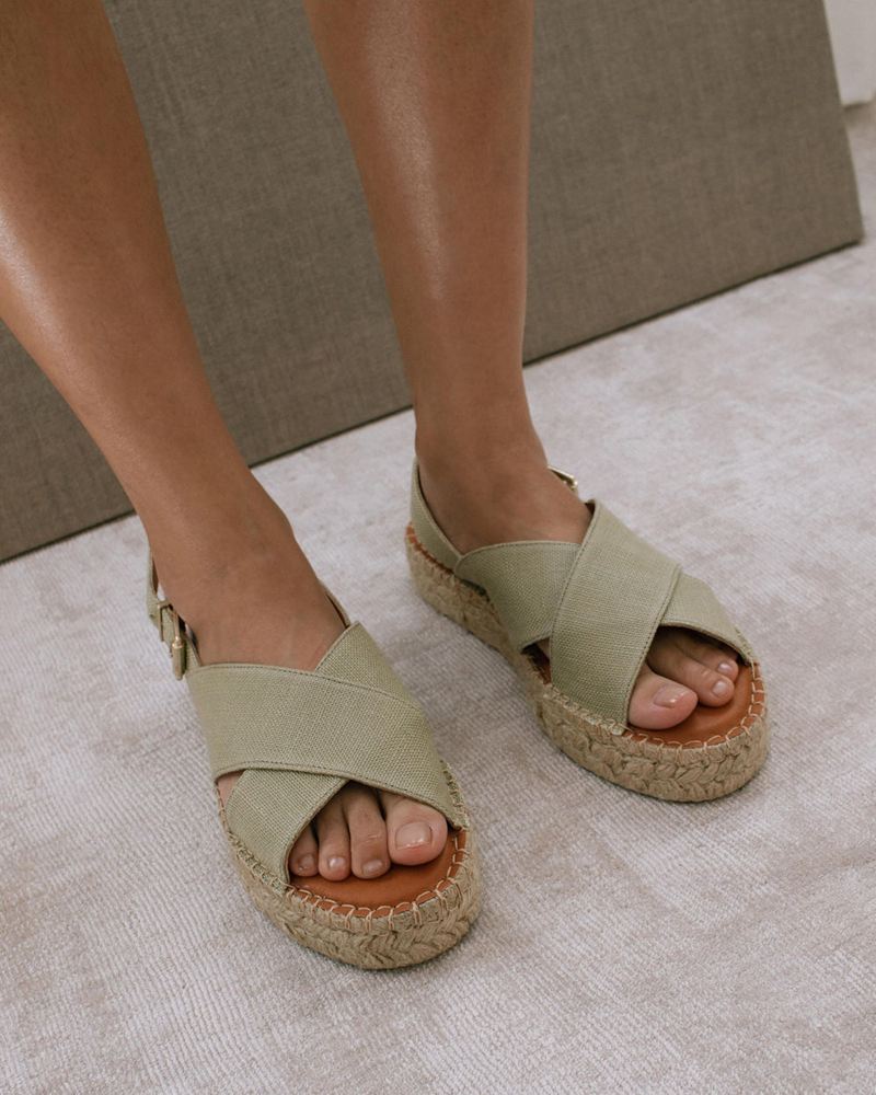 Green Alohas Crossed Linen Women's Espadrilles | TPAUZ9501