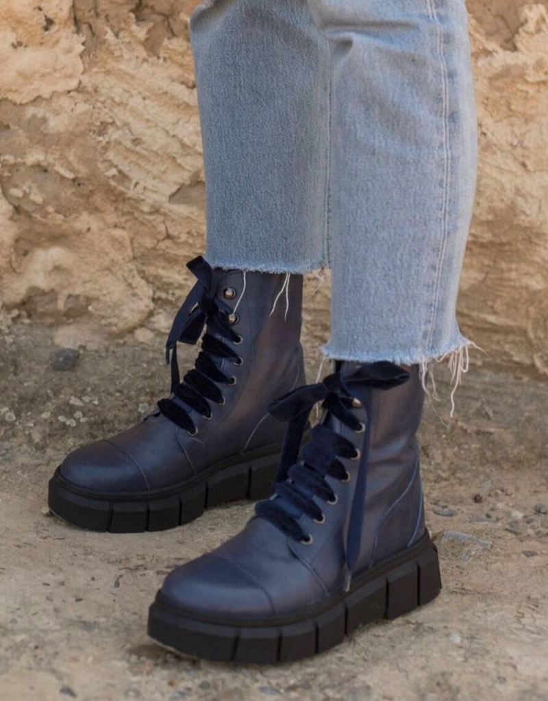 Navy Alohas Can Can Leather Women's Combat Boots | CSTWB1935