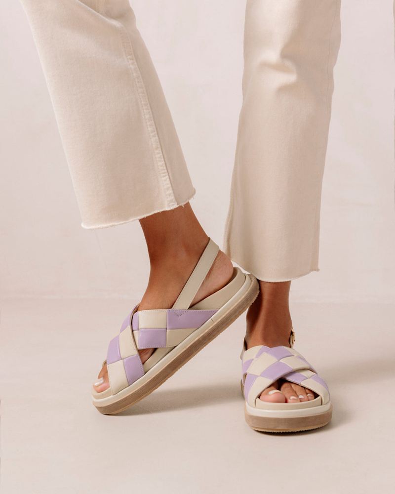 Purple/White Alohas Marshmallow Scacchi Leather Women's Sandals | XRJEM9056