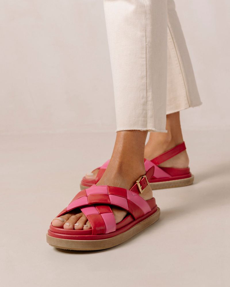 Red/Pink Alohas Marshmallow Scacchi Leather Women's Sandals | VXAEK4321