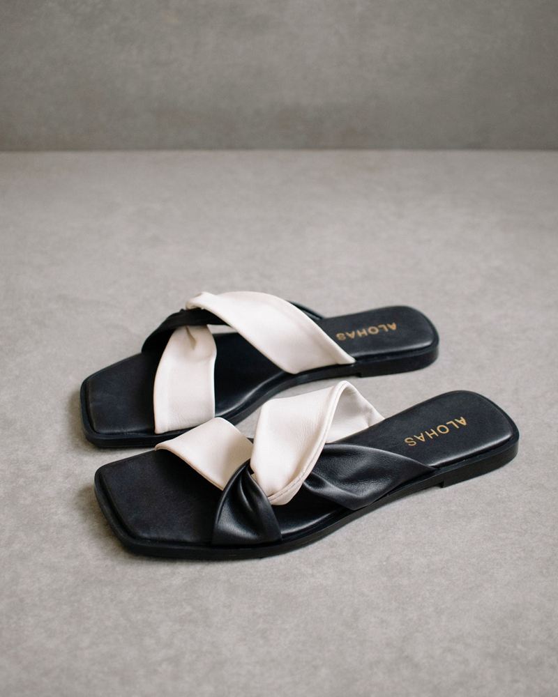 White/Black Alohas Nomad Leather Women's Sandals | MNAZU0192