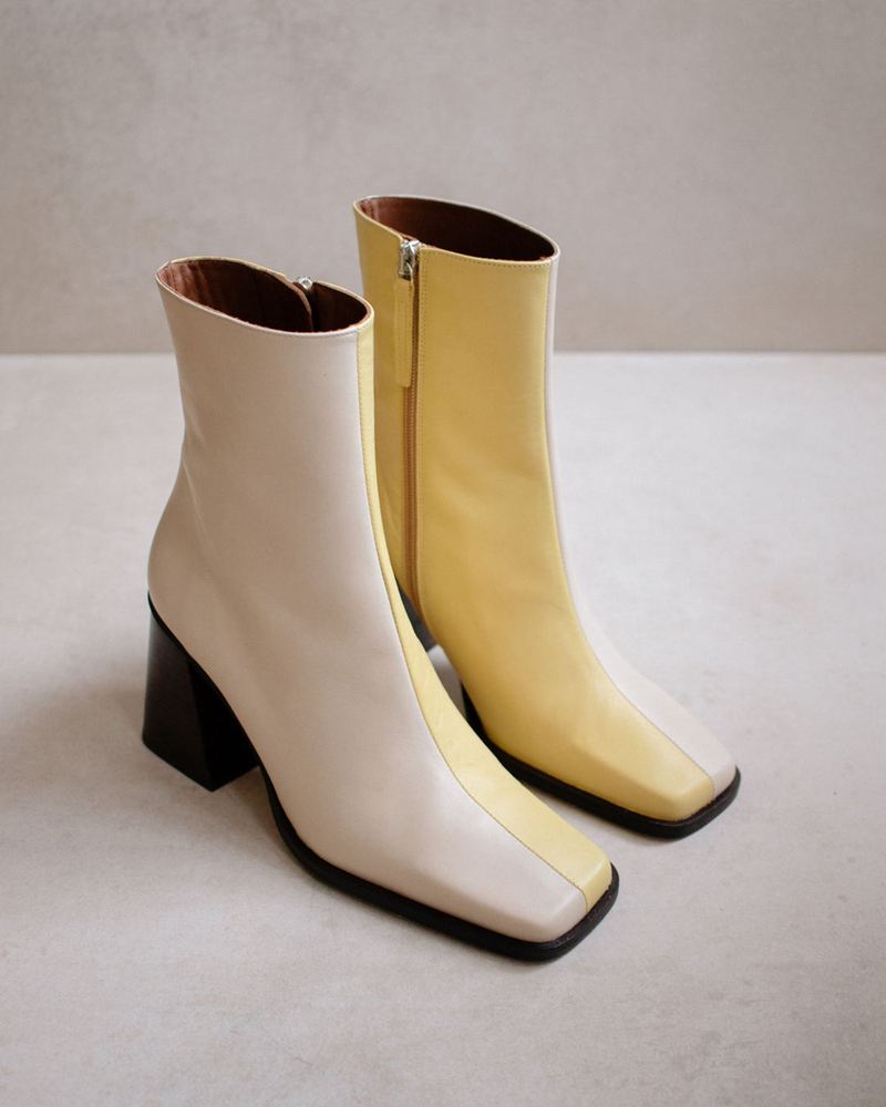 White/Yellow Alohas South Bicolor Leather Women's Ankle Boots | WCZYO0574