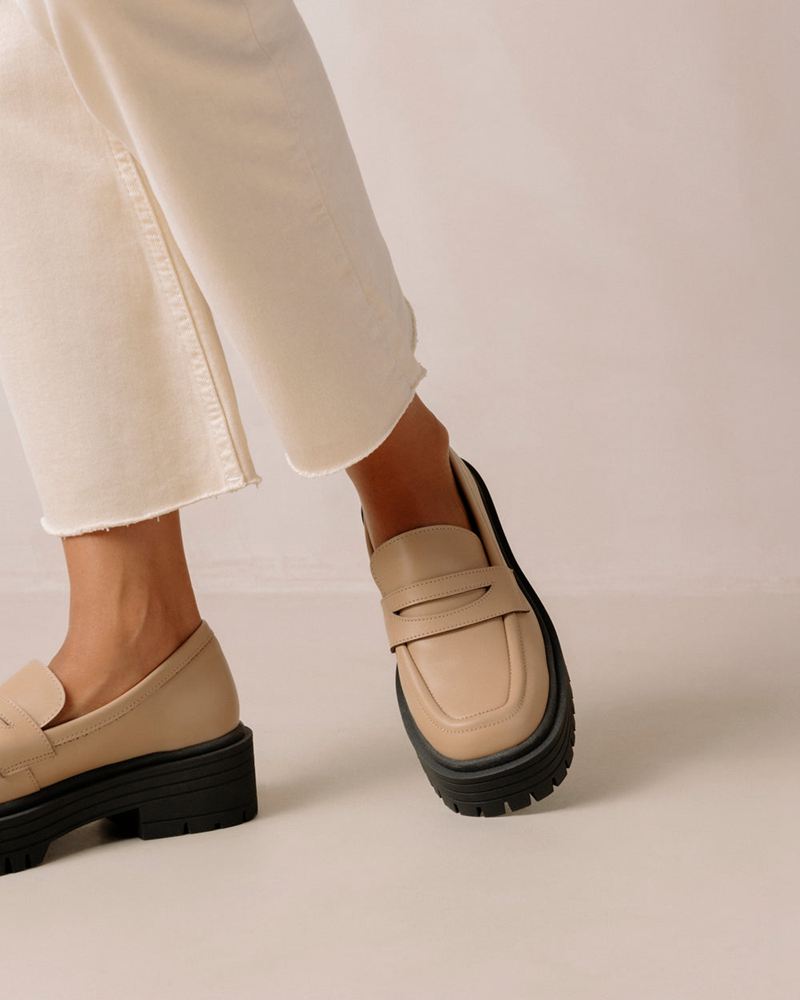 Beige Alohas Mask Vegan Leather Women's Loafers | QESMJ4587