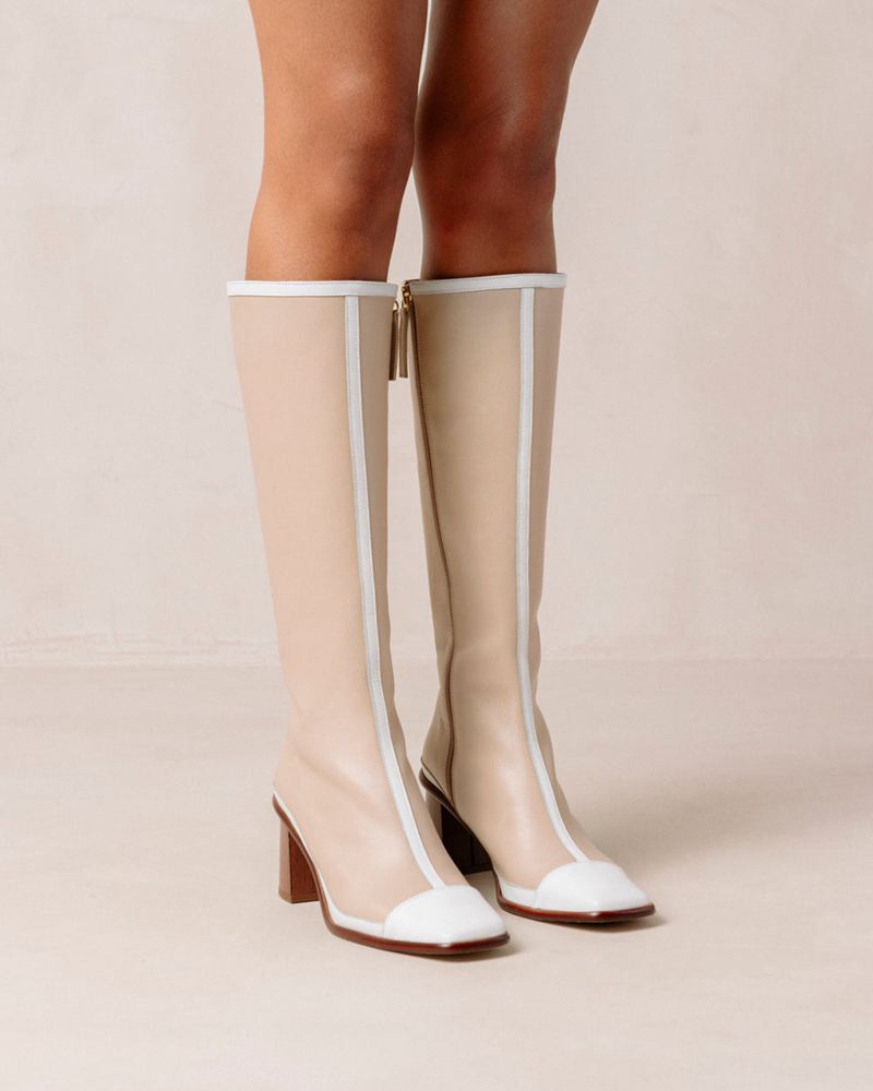 Beige/White Alohas East Retro Leather Women's Knee-High Boots | LVEPK9357