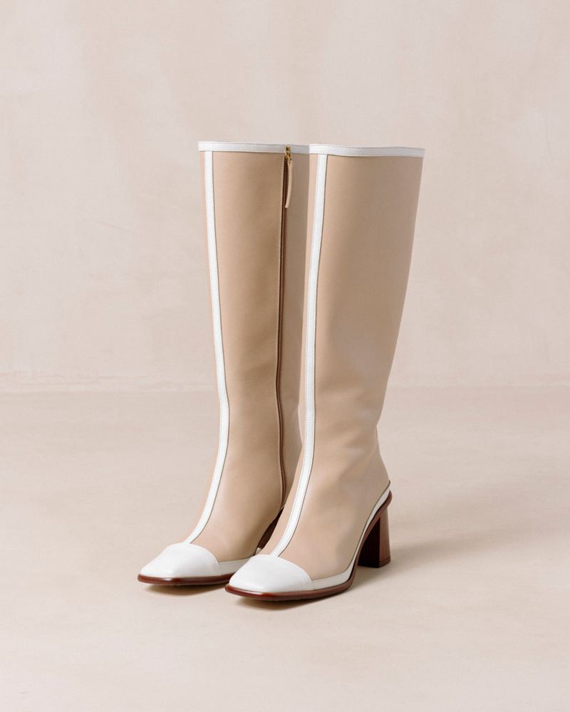 Beige/White Alohas East Retro Leather Women's Knee-High Boots | LVEPK9357