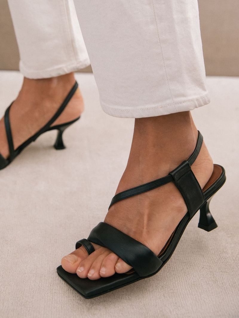 Black Alohas Asymmetric Straps Leather Women's Sandals | UQFTJ7014