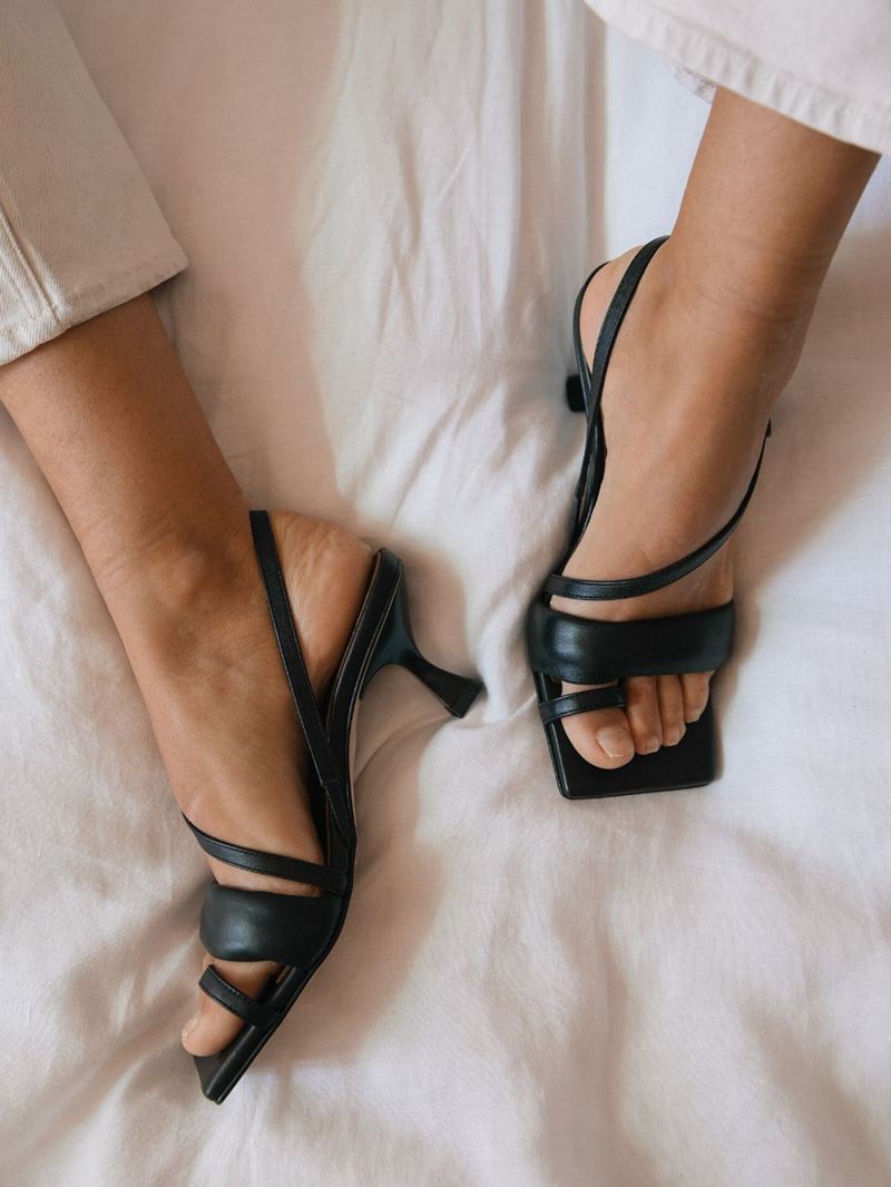 Black Alohas Asymmetric Straps Leather Women's Sandals | UQFTJ7014