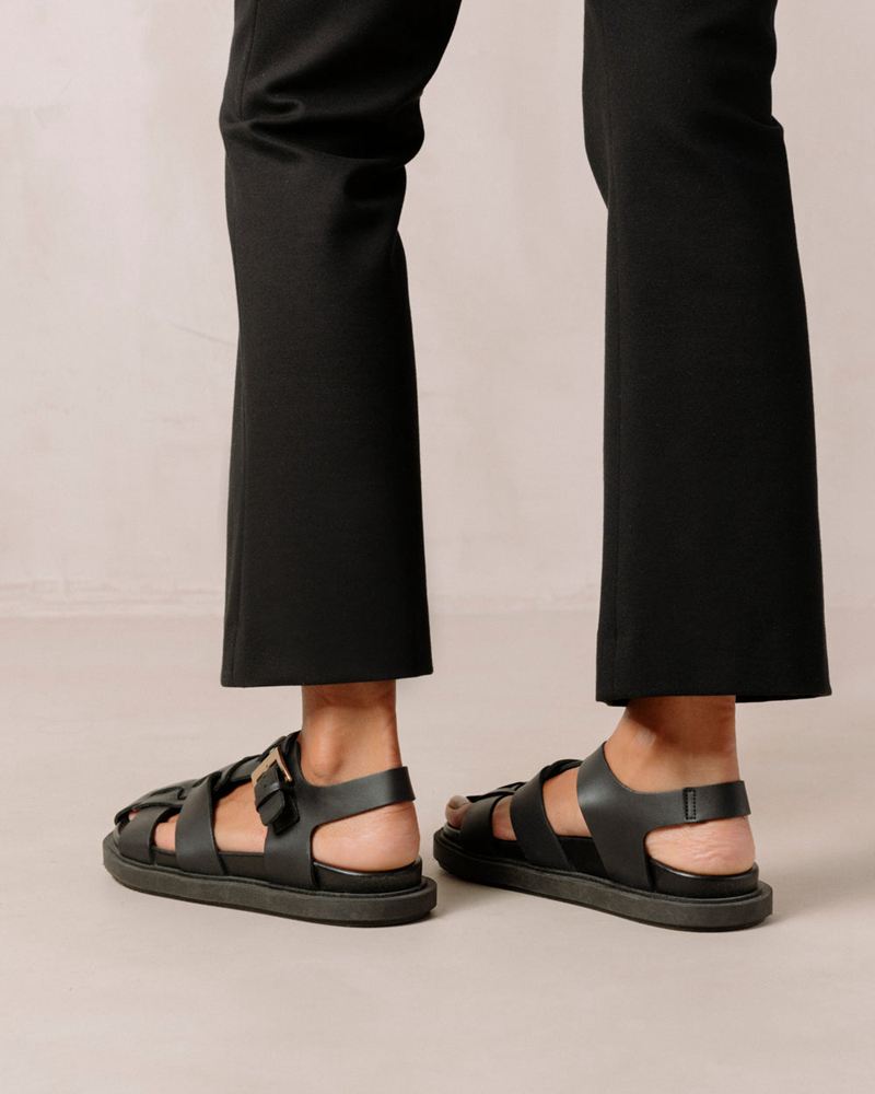 Black Alohas Backbone Leather Women's Sandals | QEDMF4708