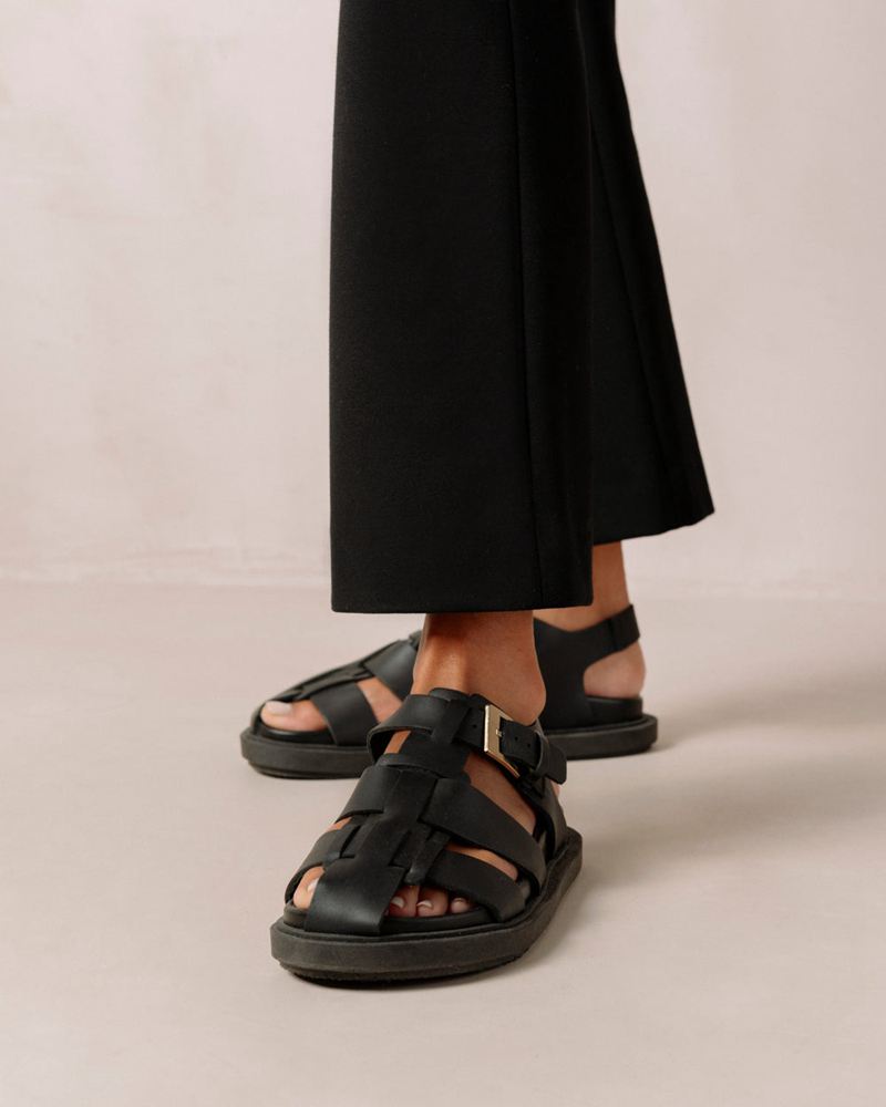 Black Alohas Backbone Leather Women's Sandals | QEDMF4708