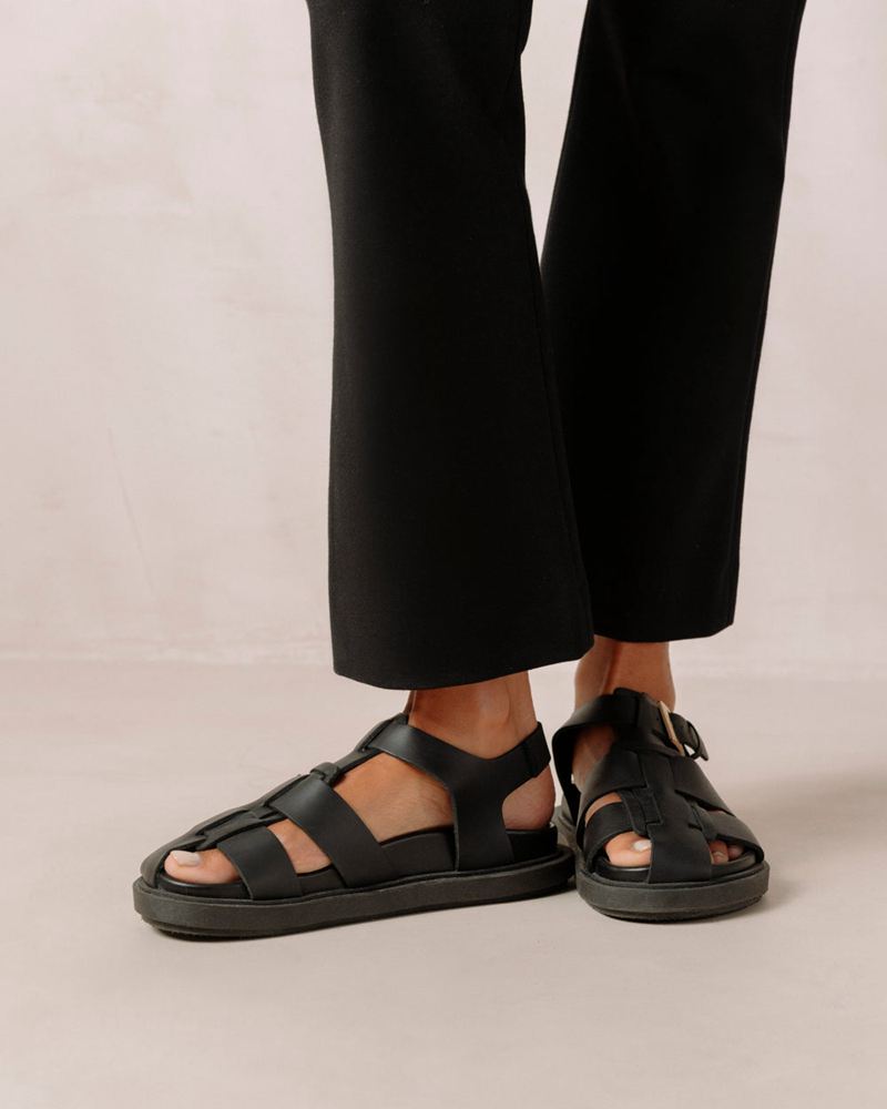 Black Alohas Backbone Leather Women's Sandals | QEDMF4708