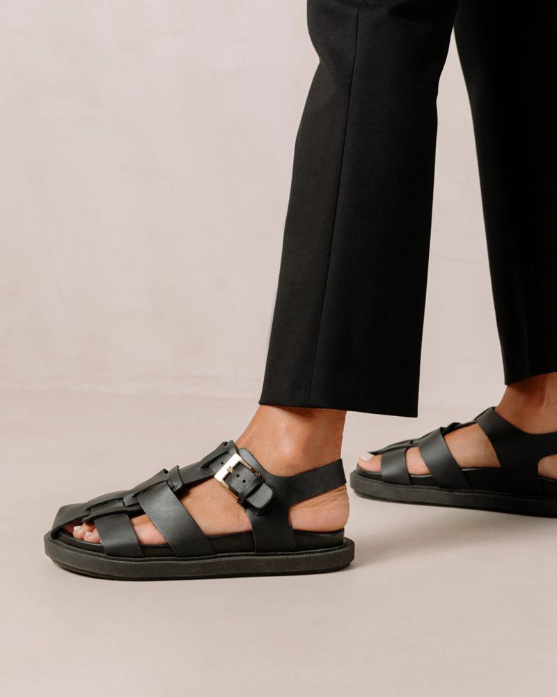 Black Alohas Backbone Leather Women's Sandals | QEDMF4708