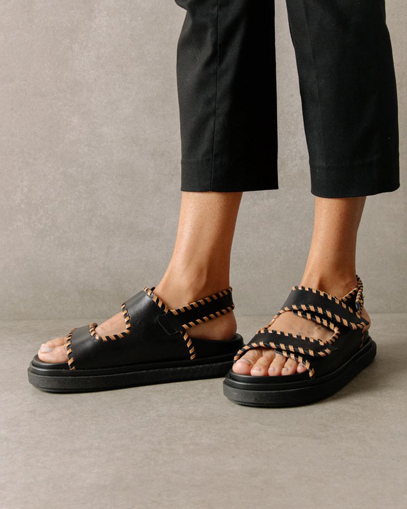 Black Alohas Barrel Leather Women's Sandals | JKYHP0623