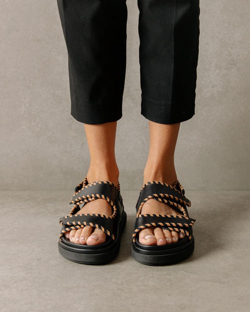 Black Alohas Barrel Leather Women's Sandals | JKYHP0623