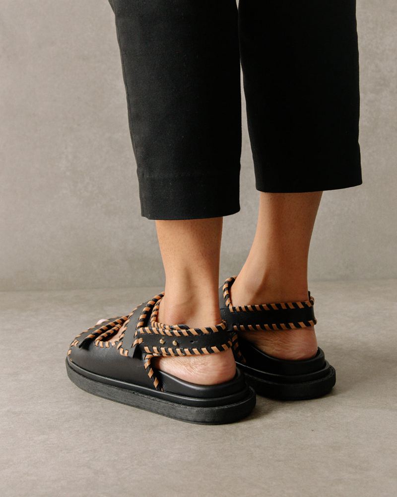 Black Alohas Barrel Leather Women's Sandals | JKYHP0623