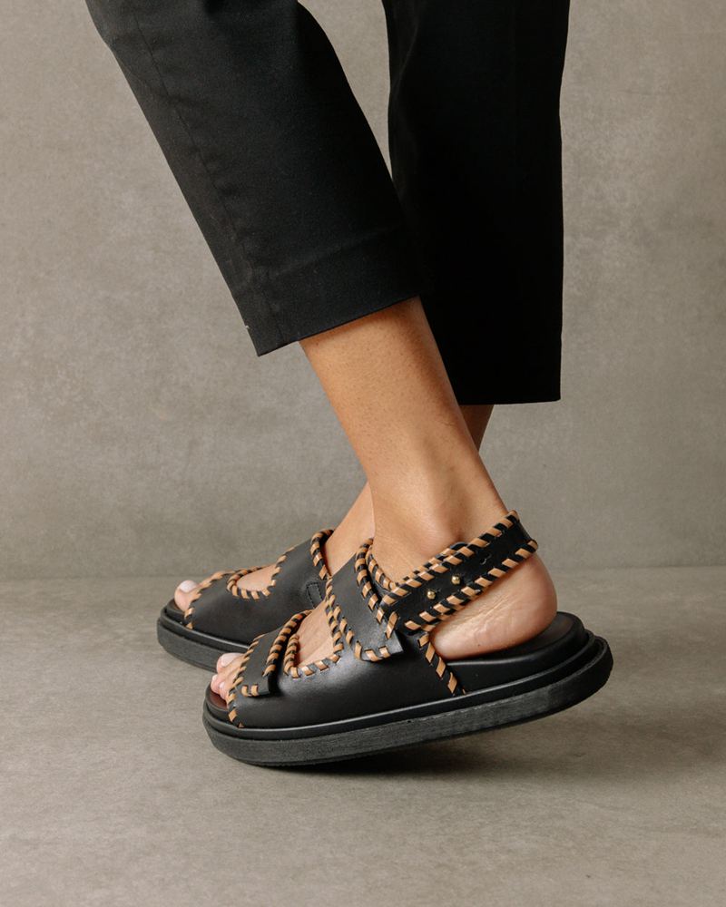 Black Alohas Barrel Leather Women's Sandals | JKYHP0623