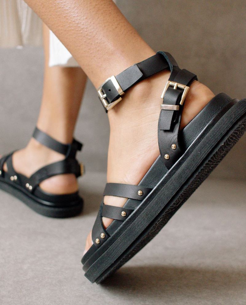 Black Alohas Buckle Up Leather Women's Sandals | GKJTX2601