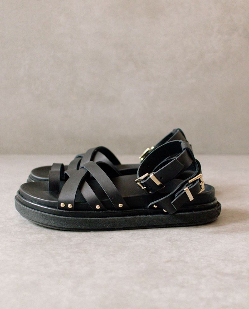 Black Alohas Buckle Up Leather Women's Sandals | GKJTX2601