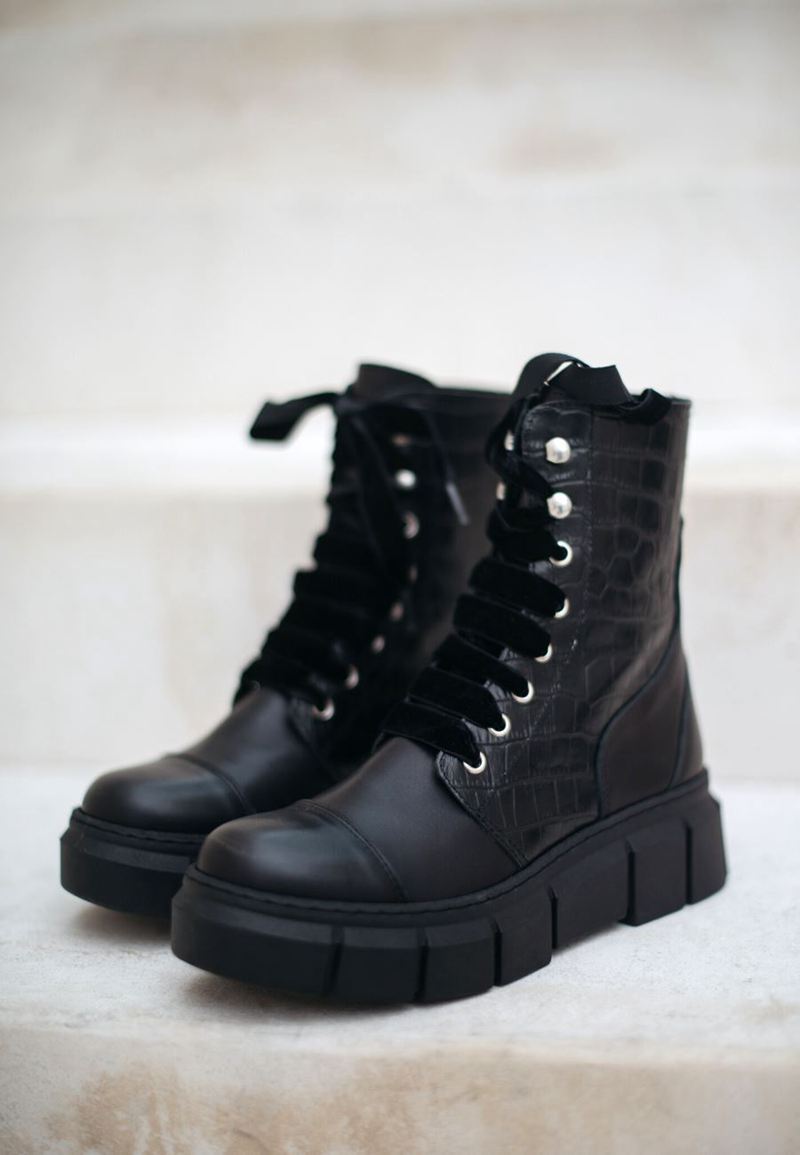 Black Alohas Can Can Leather Women's Combat Boots | MXZNC5709