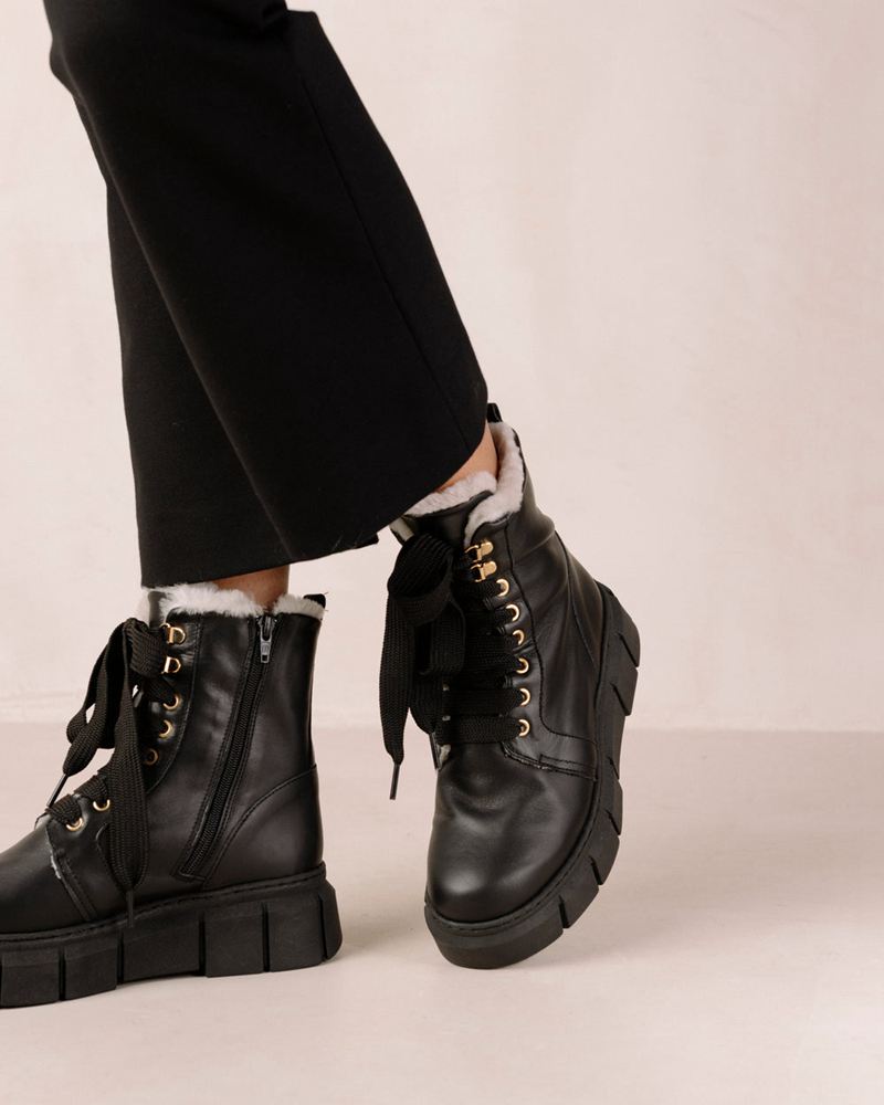 Black Alohas Can Can Leather Women's Combat Boots | NHVPB8401