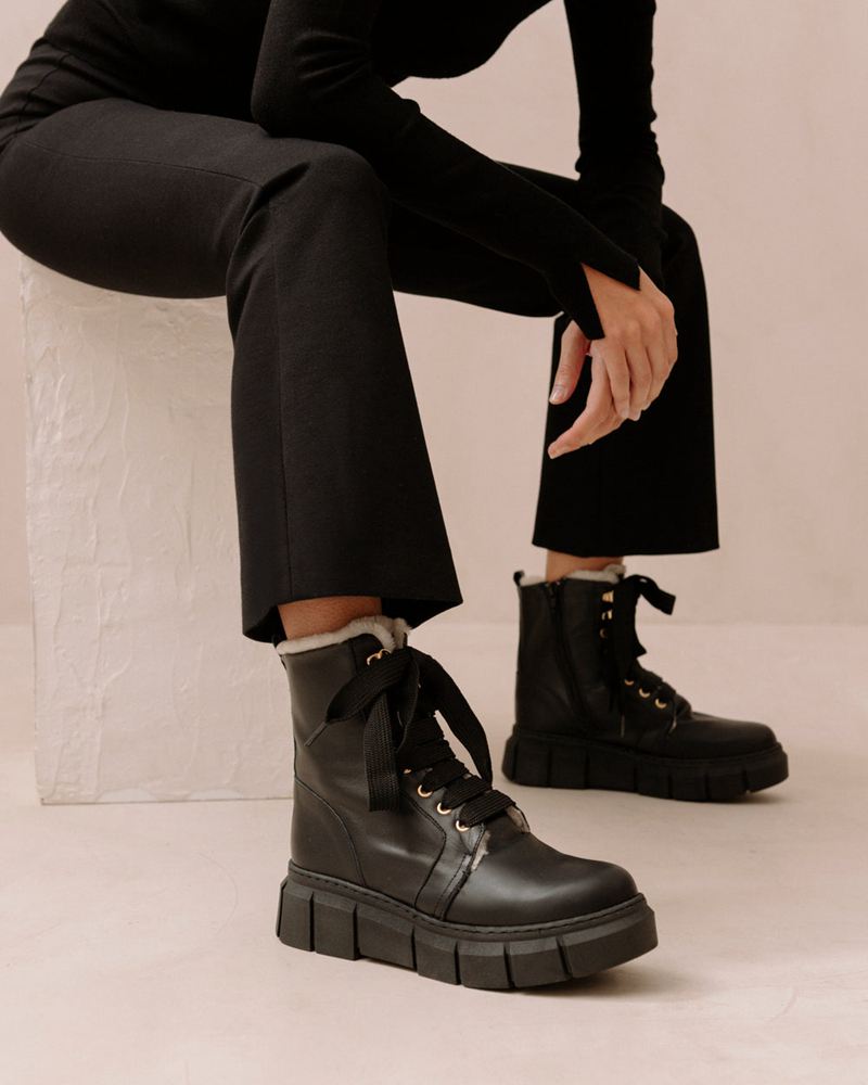 Black Alohas Can Can Leather Women's Combat Boots | NHVPB8401