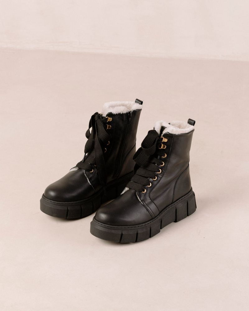 Black Alohas Can Can Leather Women's Combat Boots | NHVPB8401