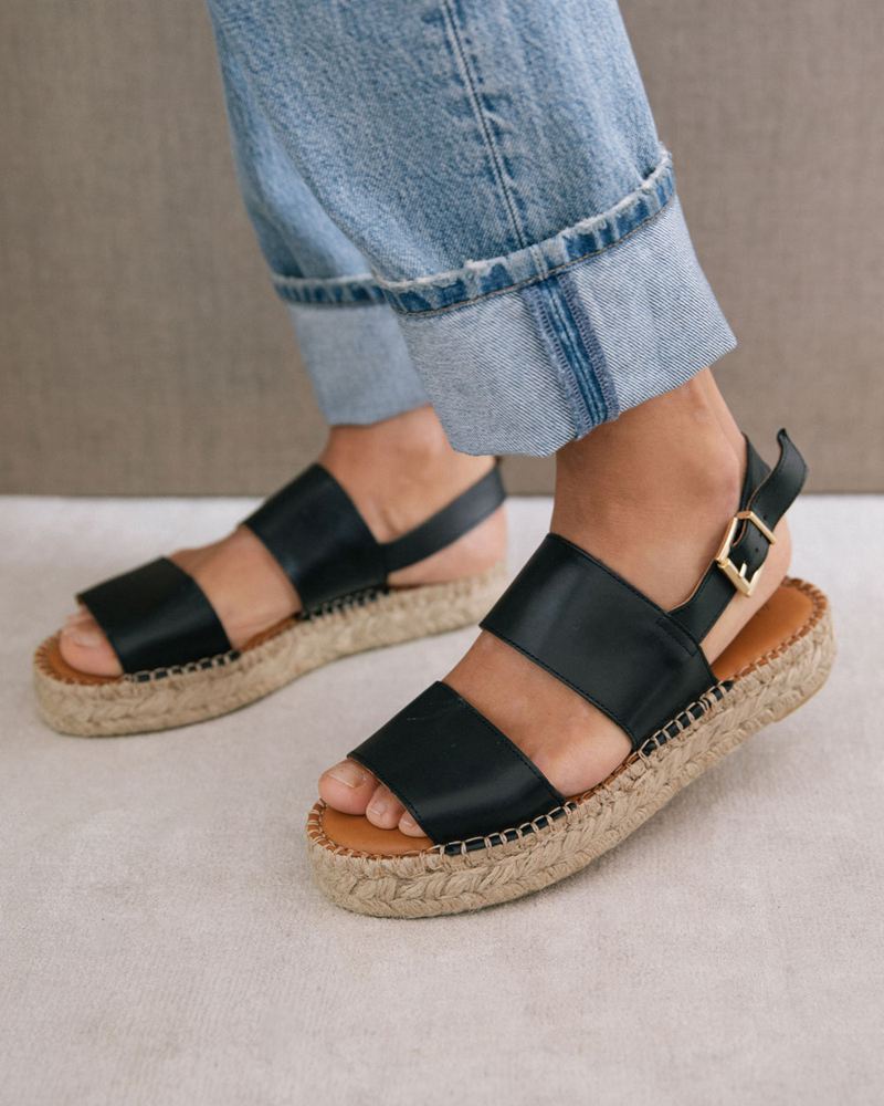 Black Alohas Double Strap Leather Women's Espadrilles | AMPWF3418