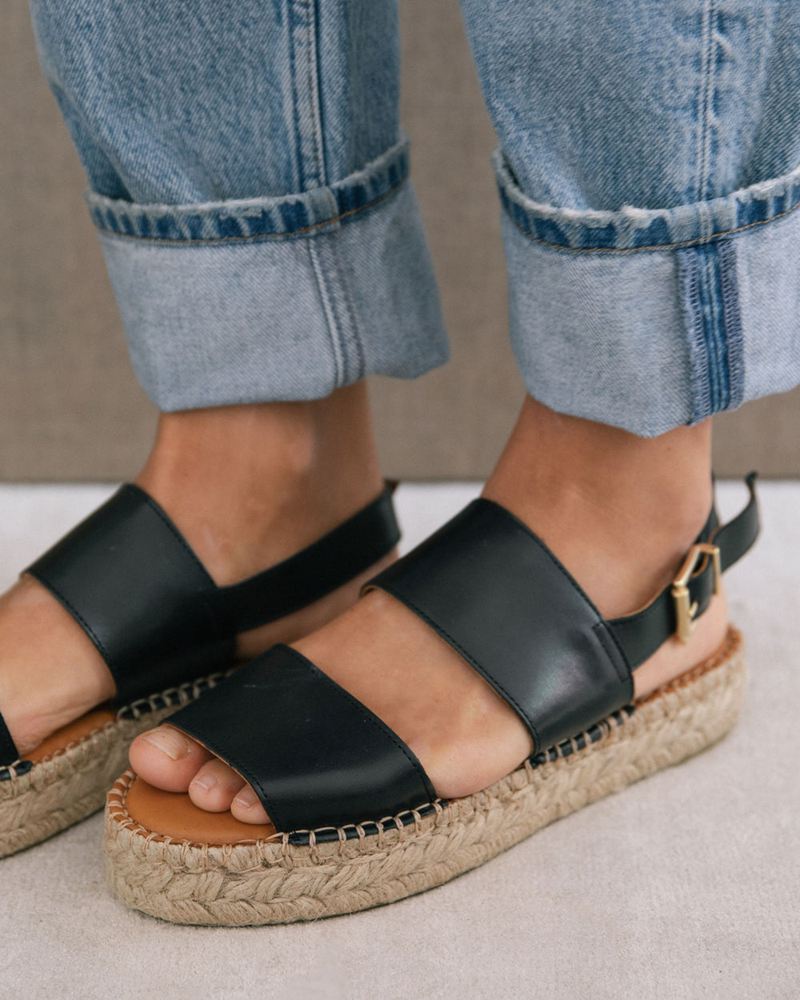 Black Alohas Double Strap Leather Women's Espadrilles | AMPWF3418