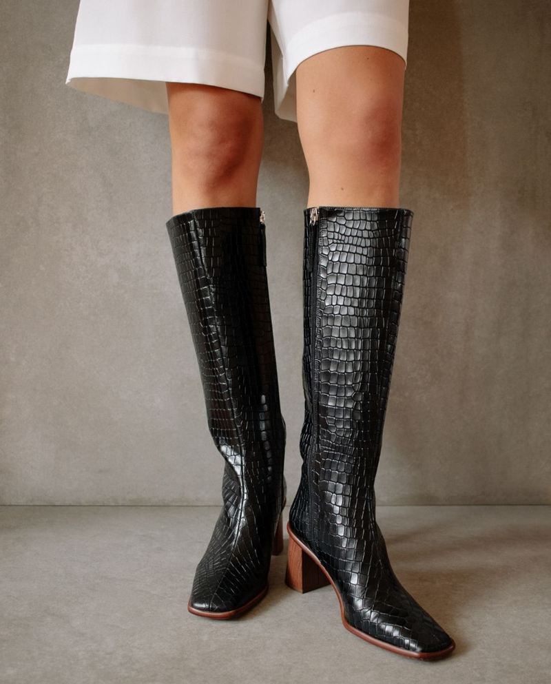 Black Alohas East Croco Leather Women's Knee-High Boots | IDYTO3920