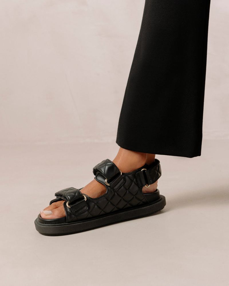 Black Alohas Hook-Loop Leather Women's Sandals | BHXAP2567